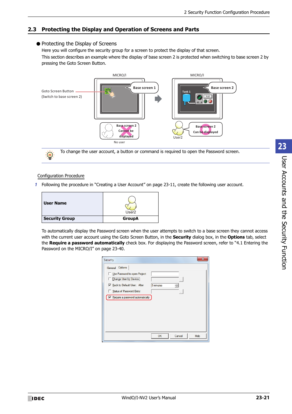 Protecting the display of screens, Use r ac counts and the sec urit y function | IDEC High Performance Series User Manual | Page 1071 / 1448