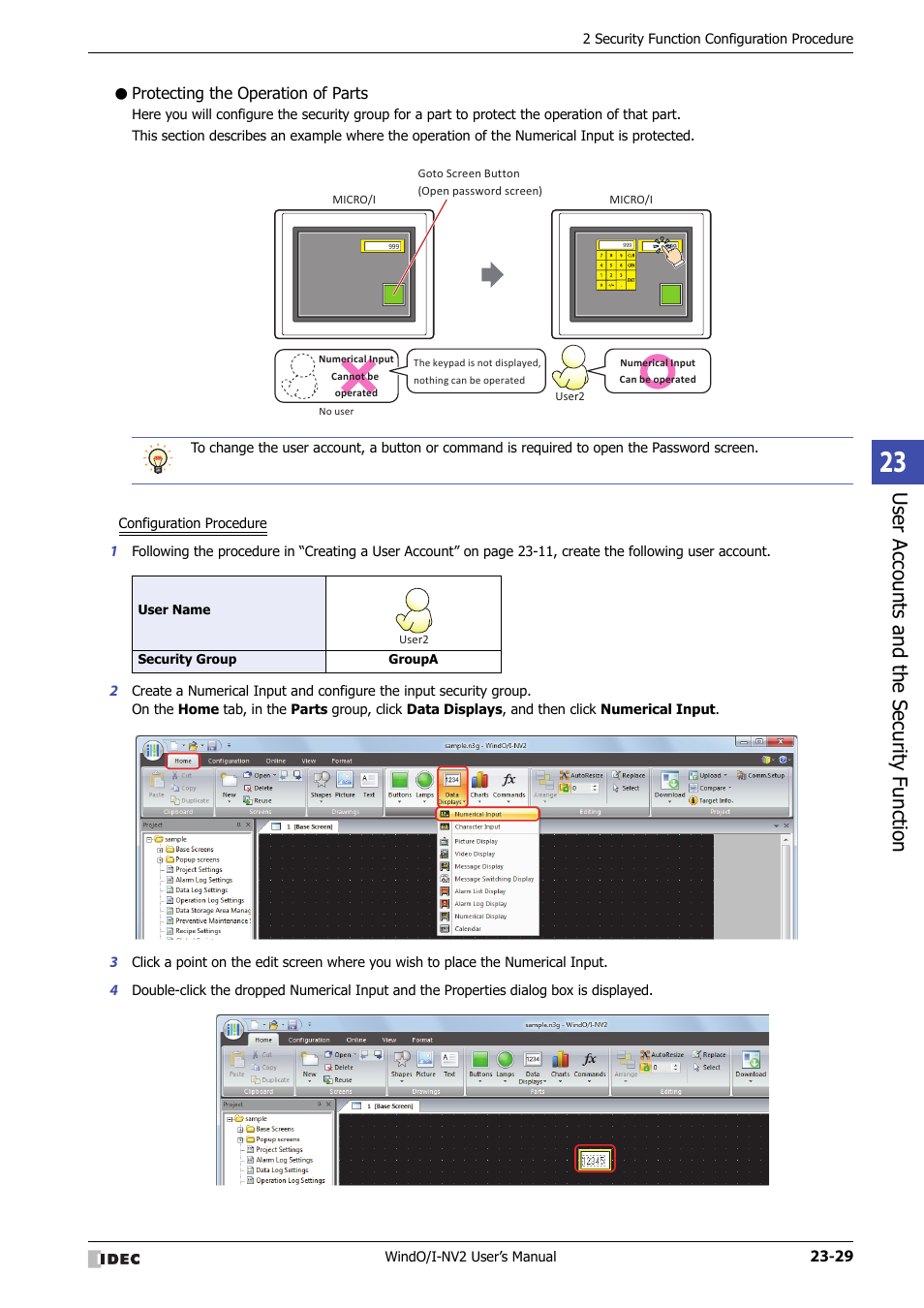 Protecting the operation of parts, Use r ac counts and the sec urit y function | IDEC High Performance Series User Manual | Page 1079 / 1448