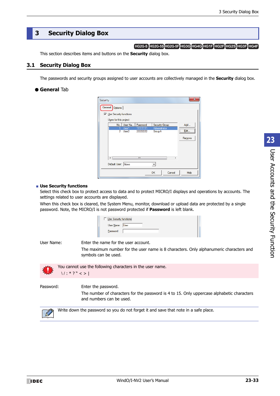 3 security dialog box, 1 security dialog box, General tab | Security dialog box -33, Use r ac counts and the sec urit y function, 3security dialog box | IDEC High Performance Series User Manual | Page 1083 / 1448