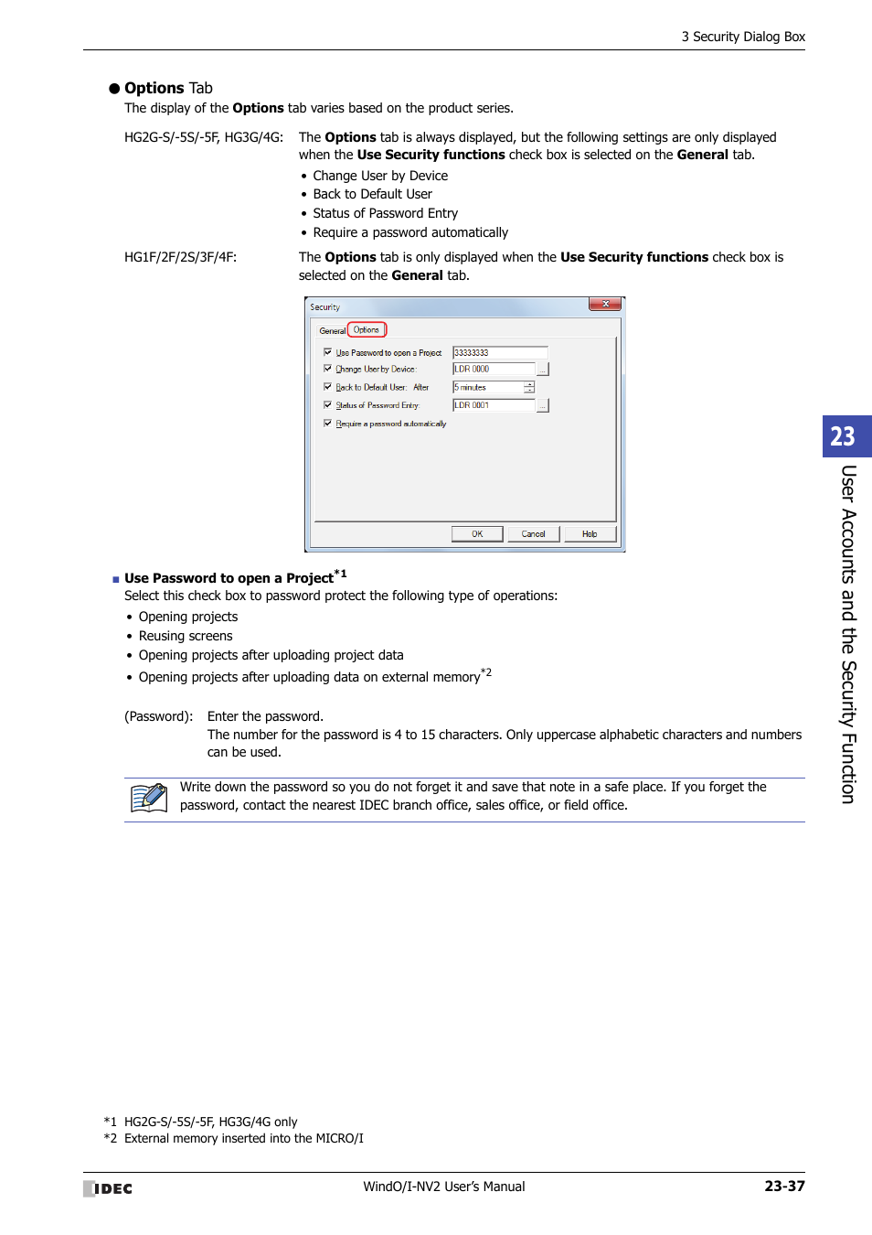 Options tab, Use r ac counts and the sec urit y function | IDEC High Performance Series User Manual | Page 1087 / 1448