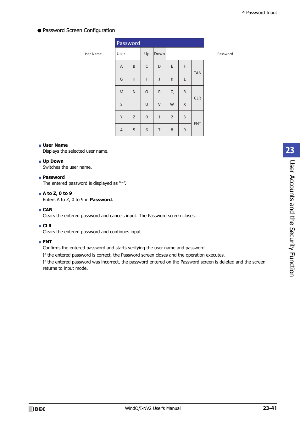 Password screen configuration, Use r ac counts and the sec urit y function, Password | IDEC High Performance Series User Manual | Page 1091 / 1448