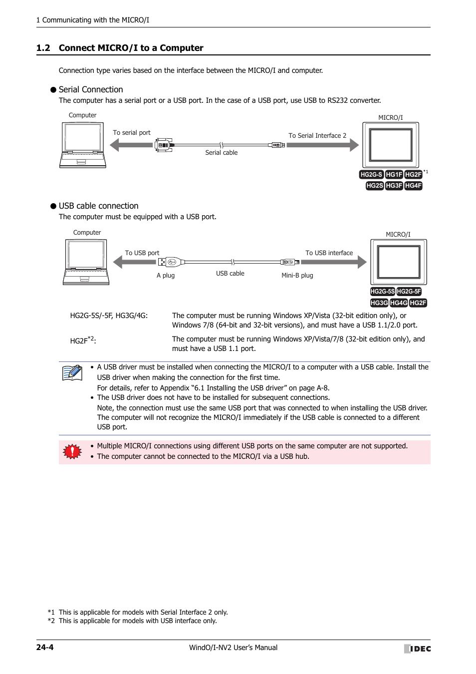 2 connect micro/i to a computer, Serial connection, Usb cable connection | Connect micro/i to a computer -4 | IDEC High Performance Series User Manual | Page 1096 / 1448