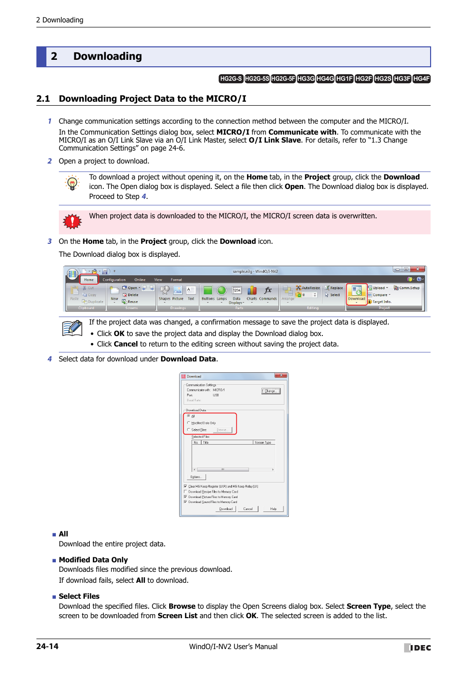 2 downloading, 1 downloading project data to the micro/i, Downloading -14 | Downloading project data to the micro/i -14, 2downloading | IDEC High Performance Series User Manual | Page 1106 / 1448