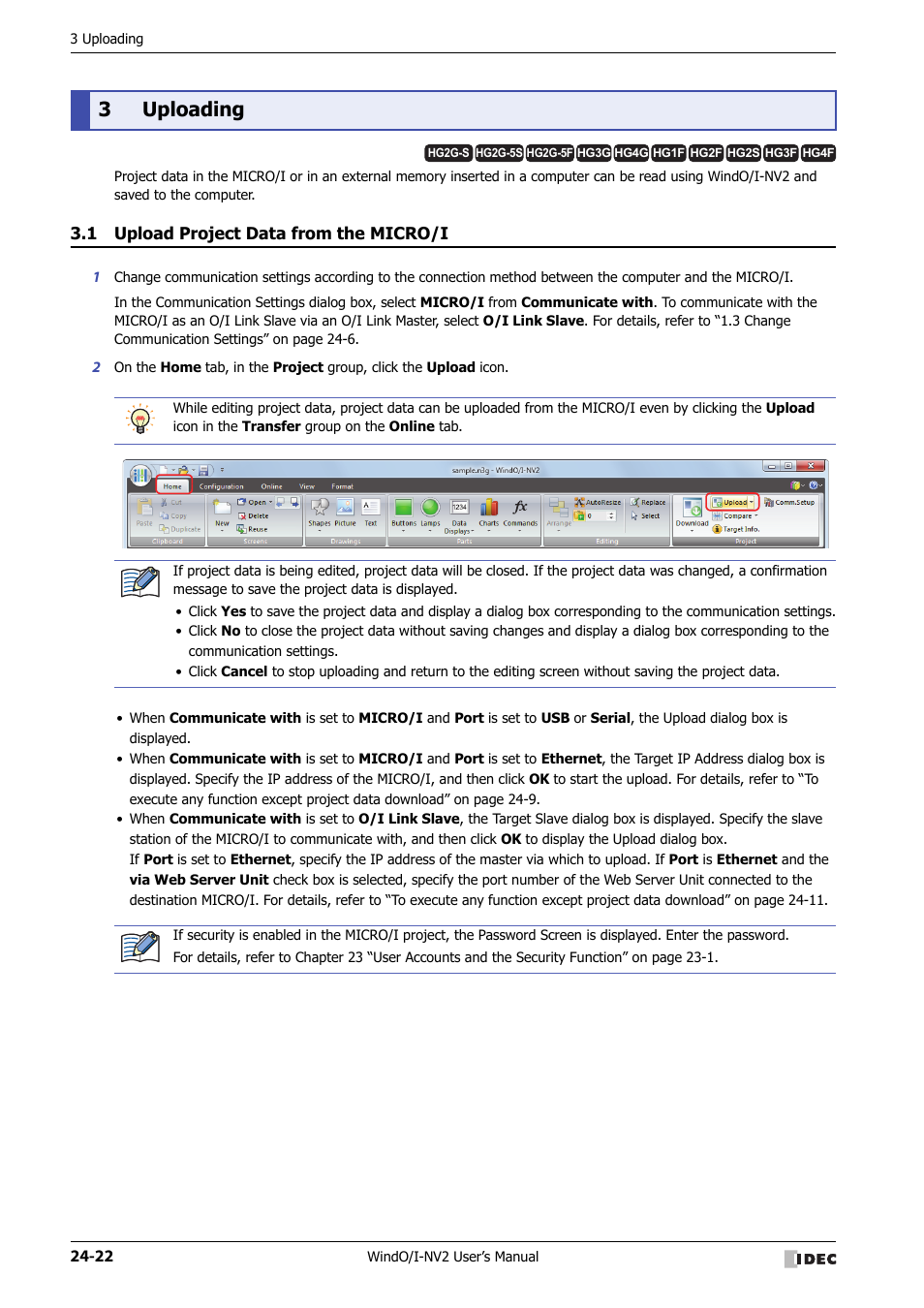 3 uploading, 1 upload project data from the micro/i, Uploading -22 | Upload project data from the micro/i -22, 3uploading | IDEC High Performance Series User Manual | Page 1114 / 1448