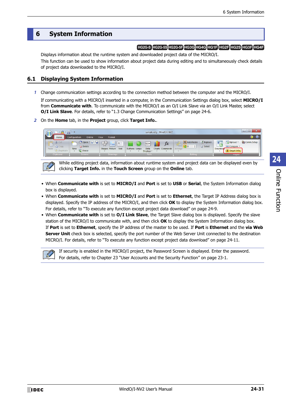 6 system information, 1 displaying system information, System information -31 | Displaying system information -31, Online f unction, 6system information | IDEC High Performance Series User Manual | Page 1123 / 1448