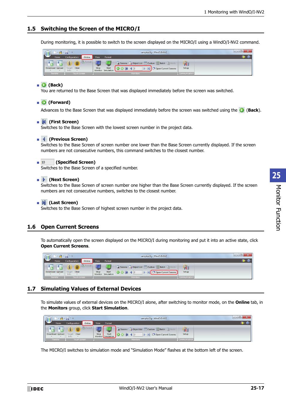 5 switching the screen of the micro/i, 6 open current screens, 7 simulating values of external devices | Switching the screen of the micro/i -17, Open current screens -17, Simulating values of external devices -17, Monitor f unction | IDEC High Performance Series User Manual | Page 1143 / 1448