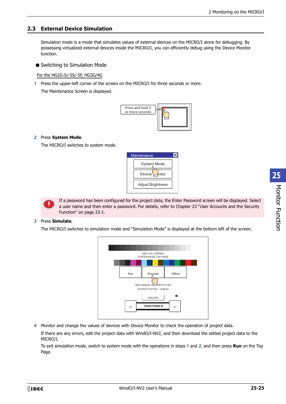 3 external device simulation, Switching to simulation mode, External device simulation -25 | Monitor f unction | IDEC High Performance Series User Manual | Page 1151 / 1448
