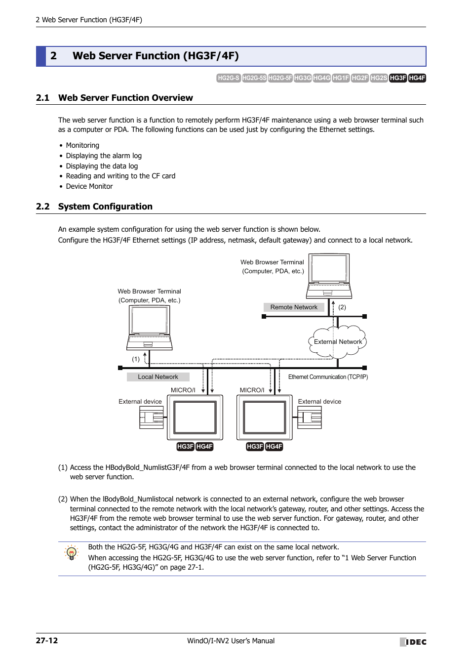 2 web server function (hg3f/4f), 1 web server function overview, 2 system configuration | Web server function (hg3f/4f) -12, Web server function overview -12, System configuration -12, 2web server function (hg3f/4f) | IDEC High Performance Series User Manual | Page 1170 / 1448