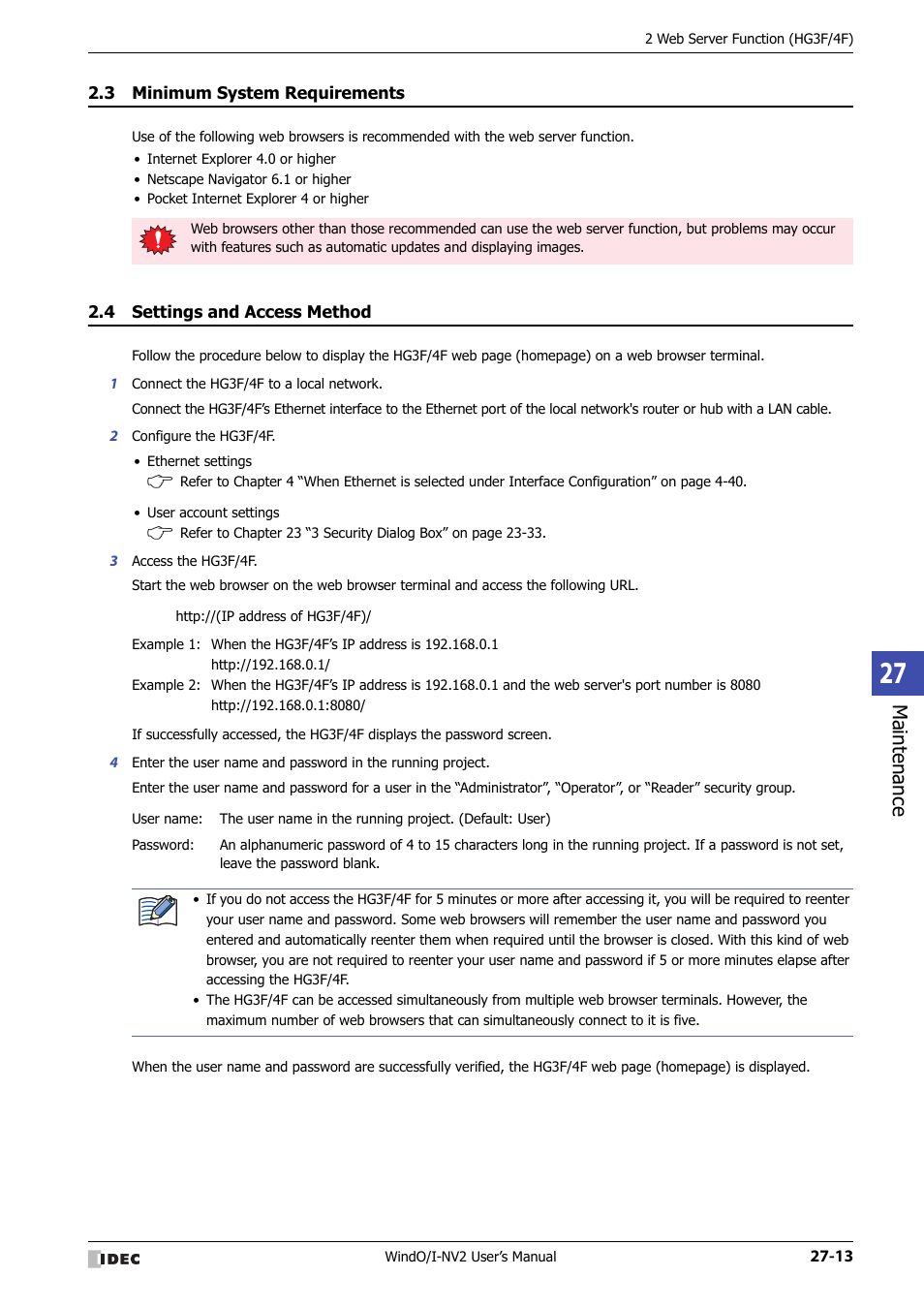 3 minimum system requirements, 4 settings and access method, Minimum system requirements -13 | Settings and access method -13, Maintenance | IDEC High Performance Series User Manual | Page 1171 / 1448