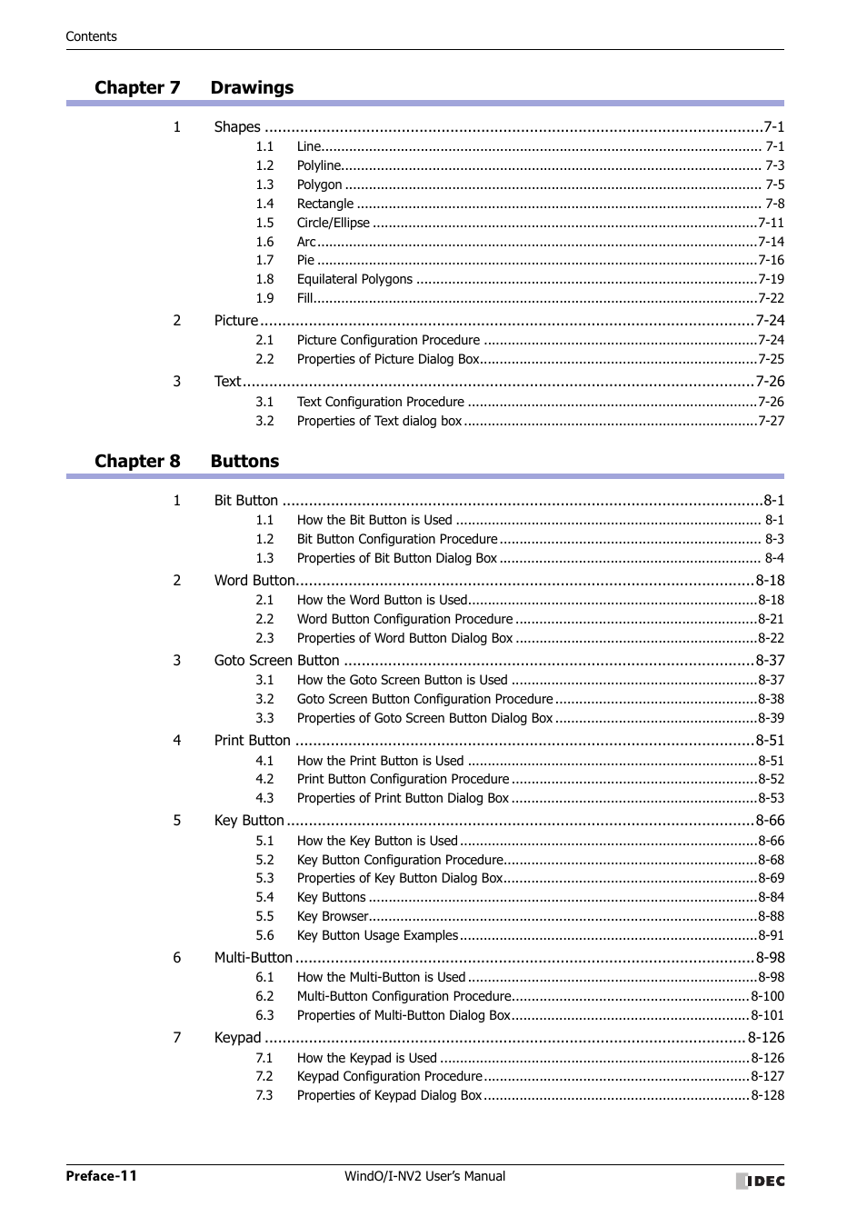 Chapter 7 drawings, Chapter 8 buttons | IDEC High Performance Series User Manual | Page 12 / 1448