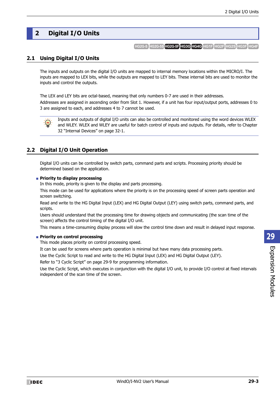 2 digital i/o units, 1 using digital i/o units, 2 digital i/o unit operation | Digital i/o units -3, Using digital i/o units -3, Digital i/o unit operation -3, Expansion modules, 2digital i/o units | IDEC High Performance Series User Manual | Page 1237 / 1448