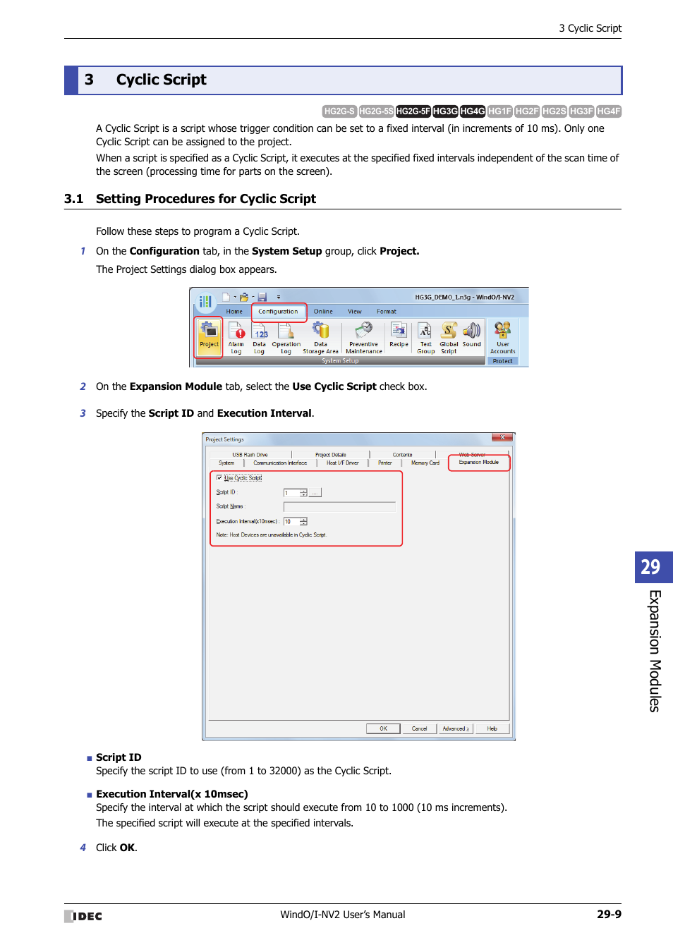 3 cyclic script, 1 setting procedures for cyclic script, Cyclic script -9 | Setting procedures for cyclic script -9, Expansion modules, 3cyclic script | IDEC High Performance Series User Manual | Page 1243 / 1448