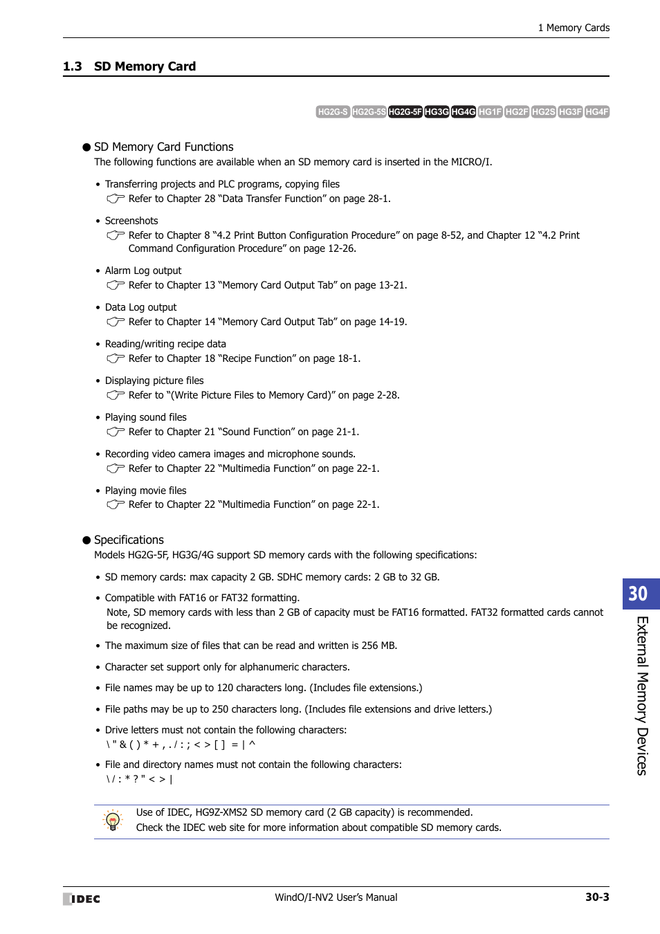 3 sd memory card, Sd memory card functions, Specifications | Sd memory card -3 | IDEC High Performance Series User Manual | Page 1247 / 1448