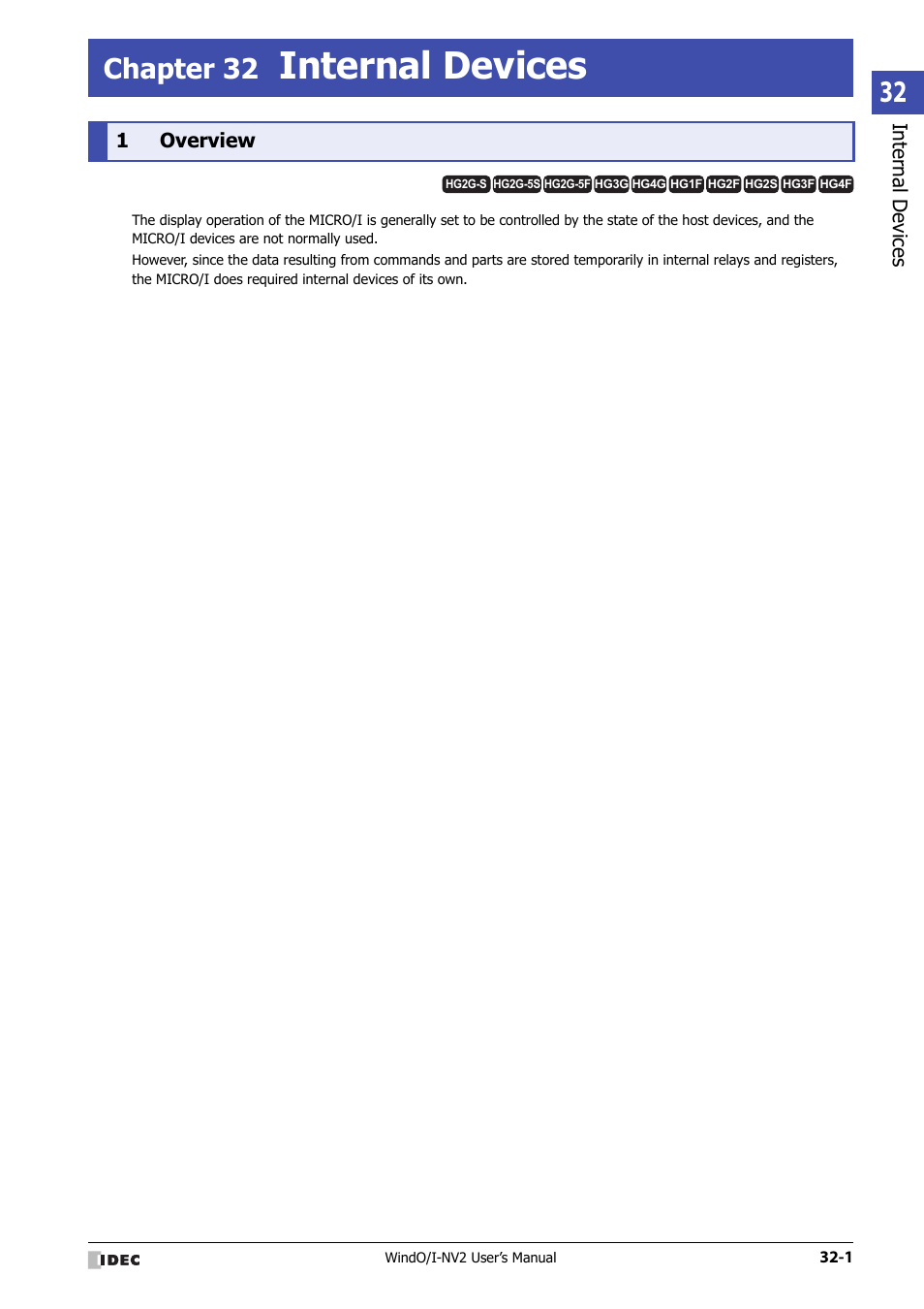 Chapter 32 internal devices, 1 overview, Overview -1 | Internal devices, Chapter 32 | IDEC High Performance Series User Manual | Page 1293 / 1448