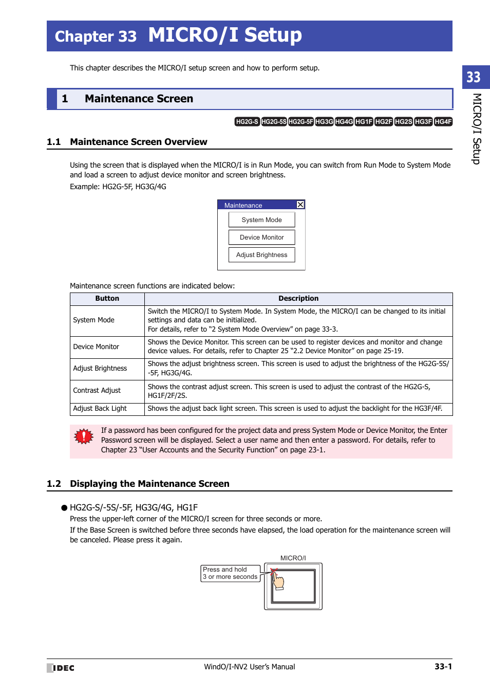 Chapter 33 micro/i setup, 1 maintenance screen, 1 maintenance screen overview | 2 displaying the maintenance screen, Hg2g-s/-5s/-5f, hg3g/4g, hg1f, Maintenance screen -1, Maintenance screen overview -1, Displaying the maintenance screen -1, Micro/i setup, Chapter 33 | IDEC High Performance Series User Manual | Page 1301 / 1448