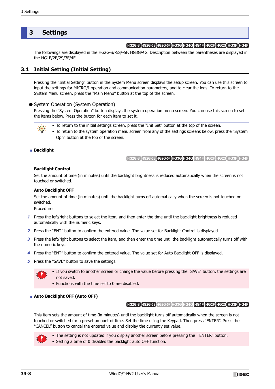 3 settings, 1 initial setting (initial setting), System operation (system operation) | Settings -8, Initial setting (initial setting) -8, 3settings | IDEC High Performance Series User Manual | Page 1308 / 1448