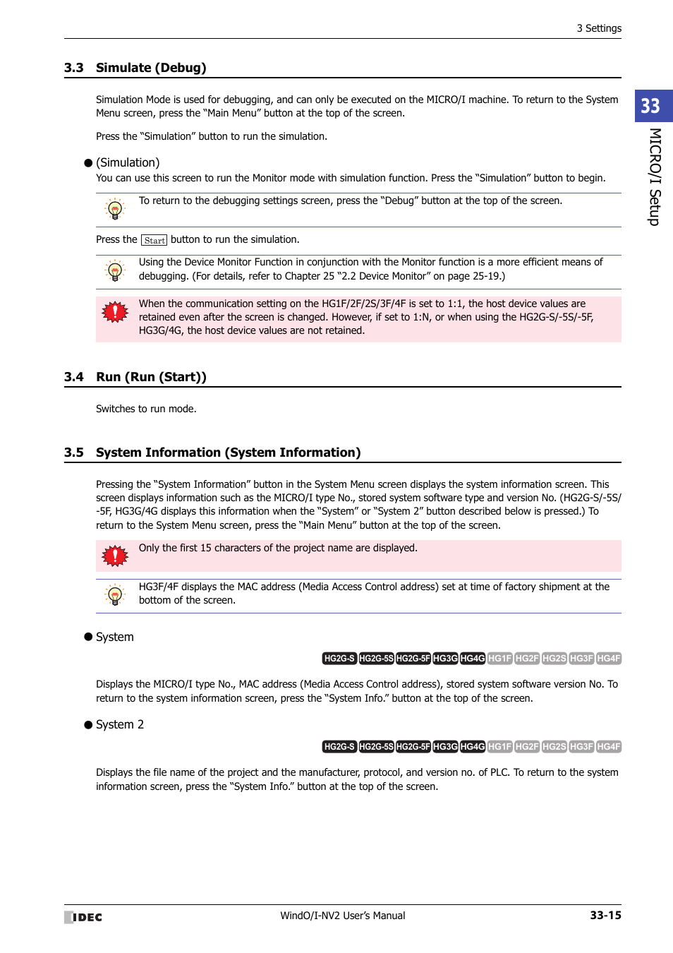 3 simulate (debug), Simulation), 4 run (run (start)) | 5 system information (system information), System, System 2, Simulate (debug) -15, Run (run (start)) -15, System information (system information) -15, Micro/ i setup | IDEC High Performance Series User Manual | Page 1315 / 1448
