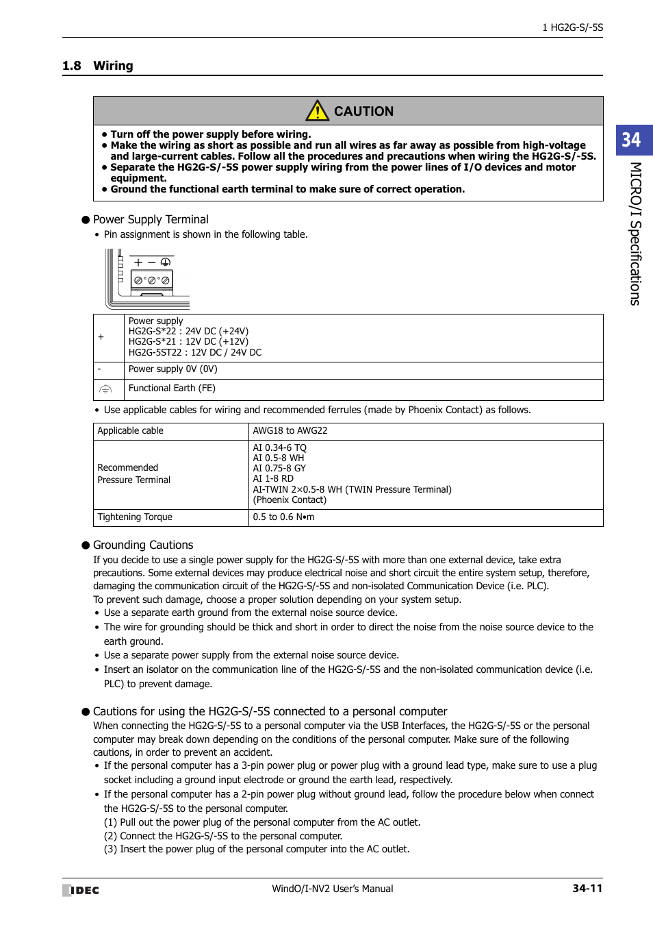 8 wiring, Power supply terminal, Grounding cautions | Wiring -11, Micro/ i specif ication s, Caution | IDEC High Performance Series User Manual | Page 1327 / 1448