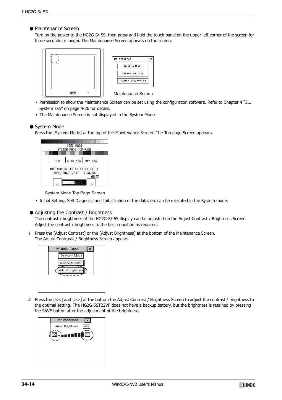 Maintenance screen, System mode, Adjusting the contrast / brightness | IDEC High Performance Series User Manual | Page 1330 / 1448