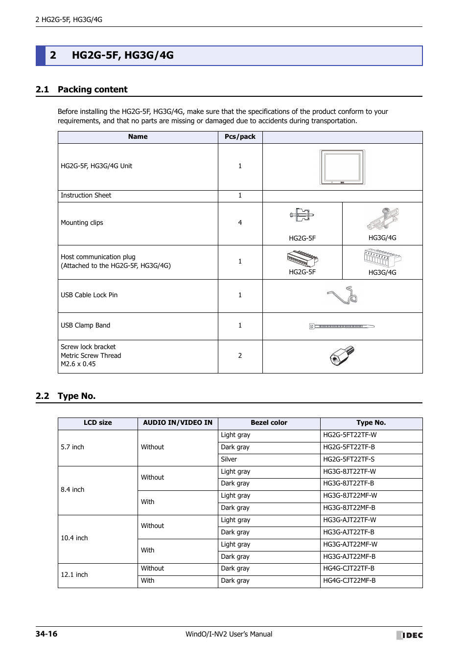 2 hg2g-5f, hg3g/4g, 1 packing content, 2 type no | Hg2g-5f, hg3g/4g -16, Packing content -16, Type no -16 | IDEC High Performance Series User Manual | Page 1332 / 1448