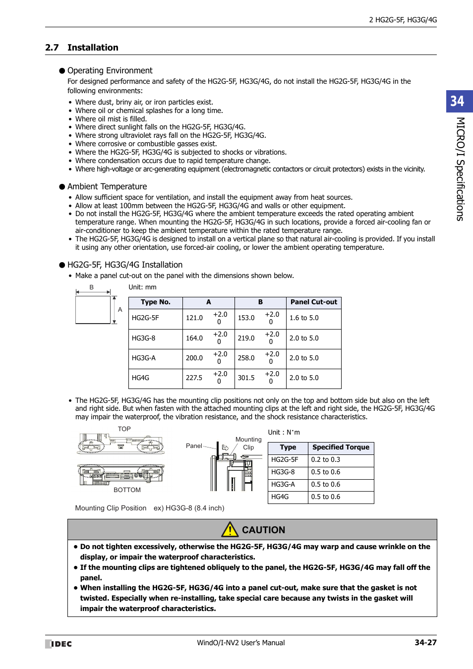 7 installation, Operating environment, Ambient temperature | Hg2g-5f, hg3g/4g installation, Installation -27, Micro/ i specif ication s, Caution | IDEC High Performance Series User Manual | Page 1343 / 1448