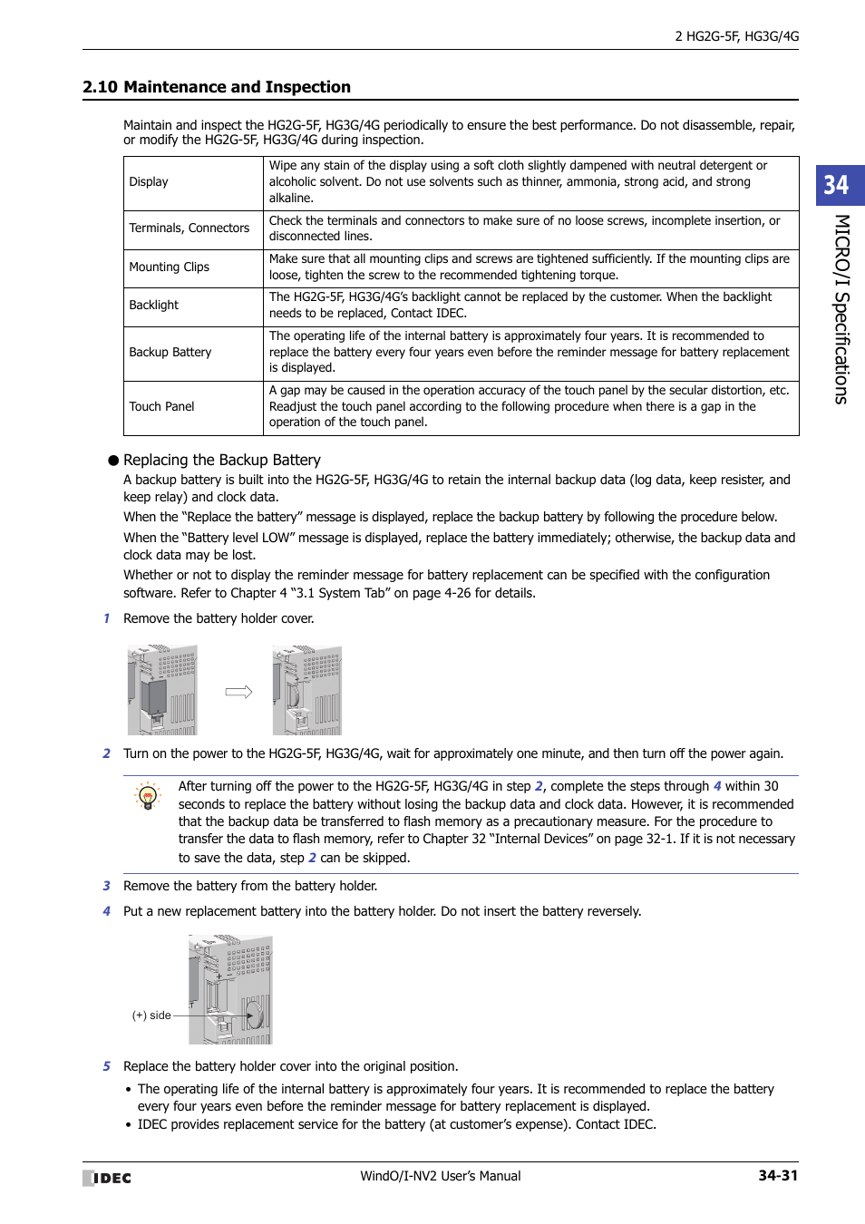 10 maintenance and inspection, Replacing the backup battery, Maintenance and inspection -31 | Micro/ i specif ication s | IDEC High Performance Series User Manual | Page 1347 / 1448