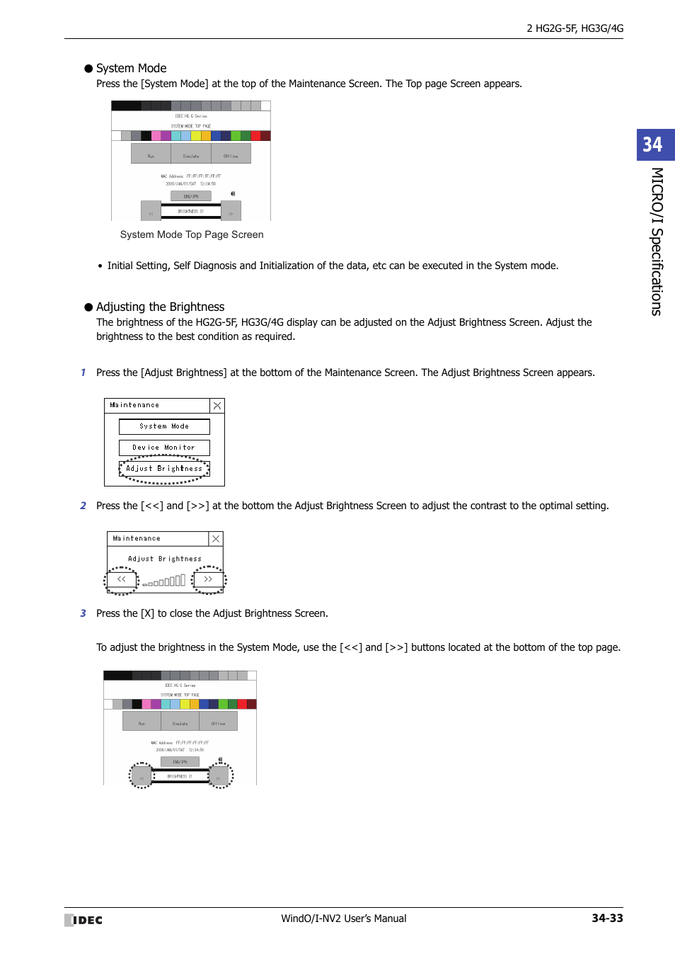 System mode, Adjusting the brightness, Micro/ i specif ication s | IDEC High Performance Series User Manual | Page 1349 / 1448