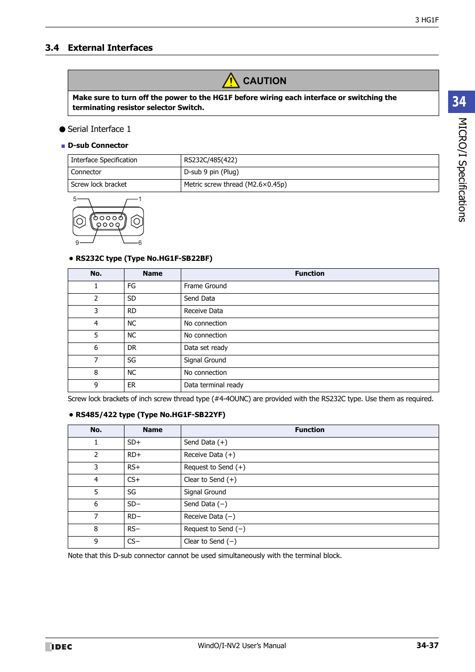 4 external interfaces, Serial interface 1, External interfaces -37 | Micro/ i specif ication s, Caution | IDEC High Performance Series User Manual | Page 1353 / 1448