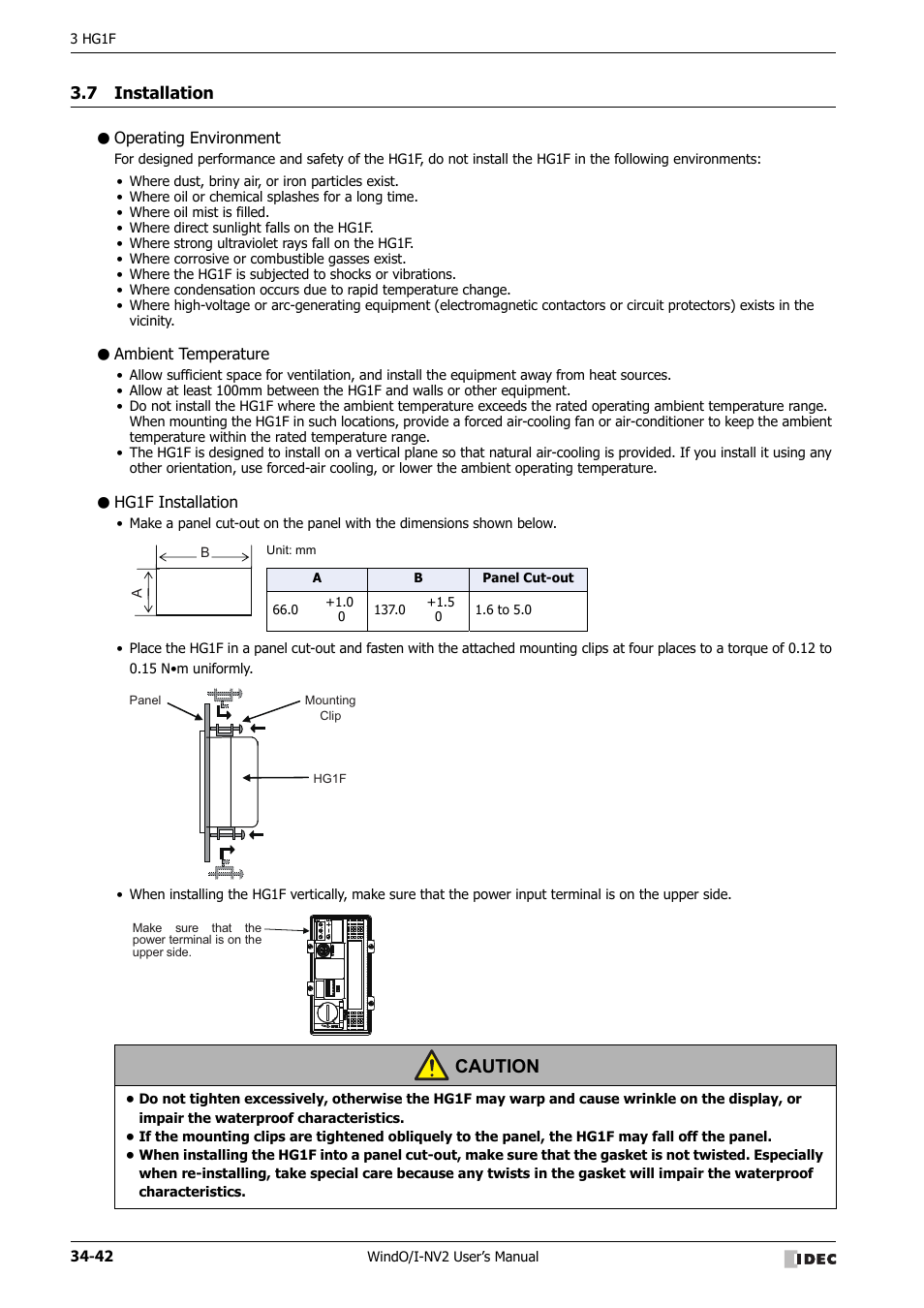 7 installation, Operating environment, Ambient temperature | Hg1f installation, Installation -42, Caution | IDEC High Performance Series User Manual | Page 1358 / 1448