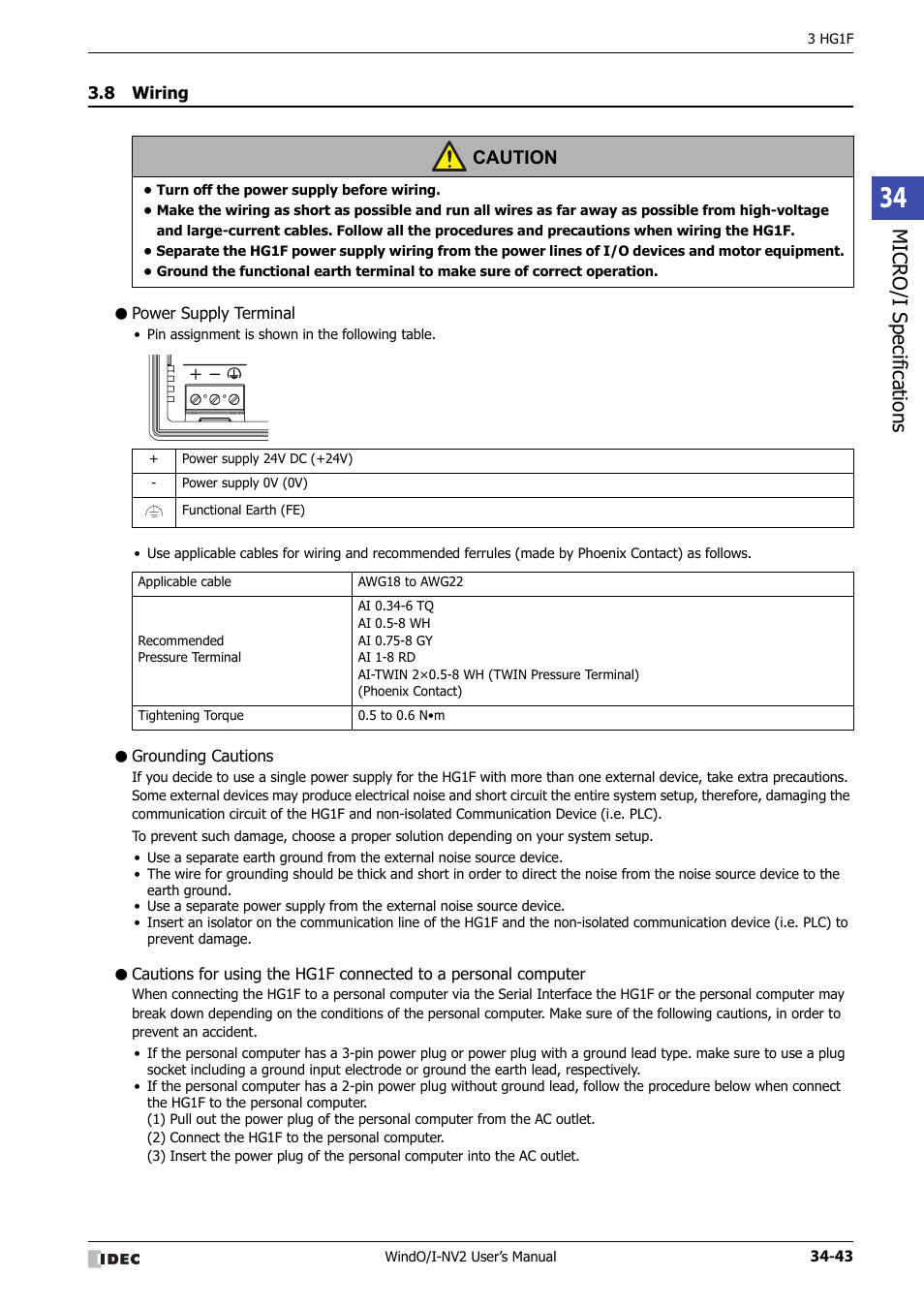 8 wiring, Power supply terminal, Grounding cautions | Wiring -43, Micro/ i specif ication s, Caution | IDEC High Performance Series User Manual | Page 1359 / 1448