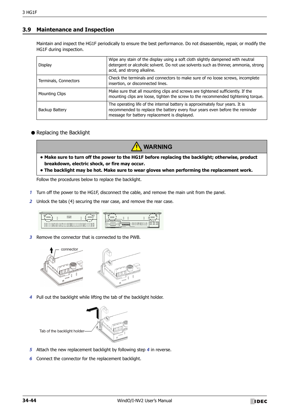 9 maintenance and inspection, Replacing the backlight, Maintenance and inspection -44 | Warning | IDEC High Performance Series User Manual | Page 1360 / 1448