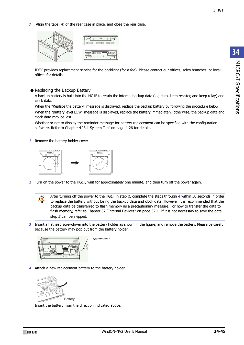 Replacing the backup battery, Micro/ i specif ication s | IDEC High Performance Series User Manual | Page 1361 / 1448