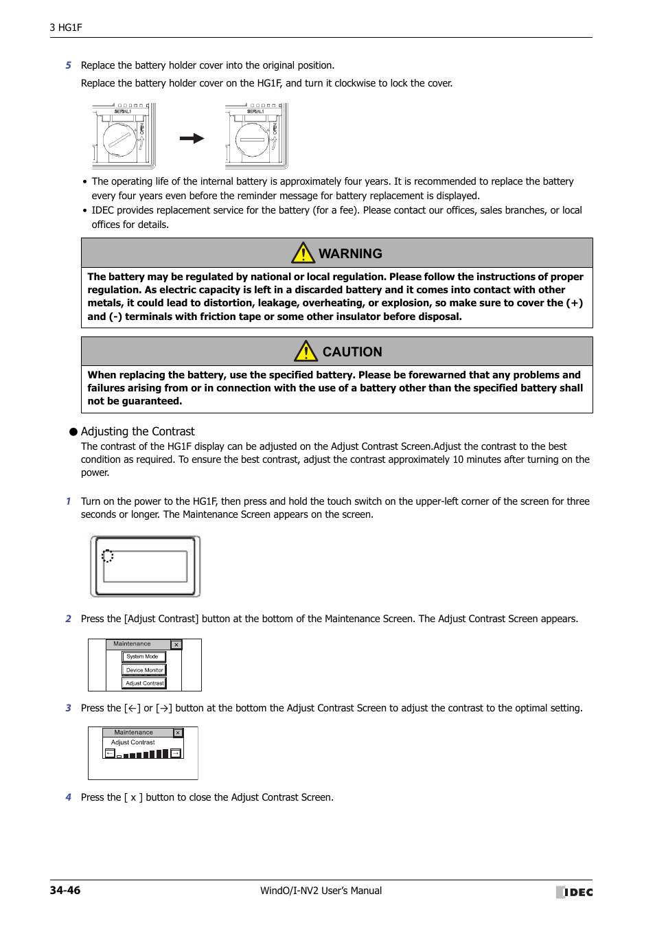 Adjusting the contrast, Warning, Caution | IDEC High Performance Series User Manual | Page 1362 / 1448