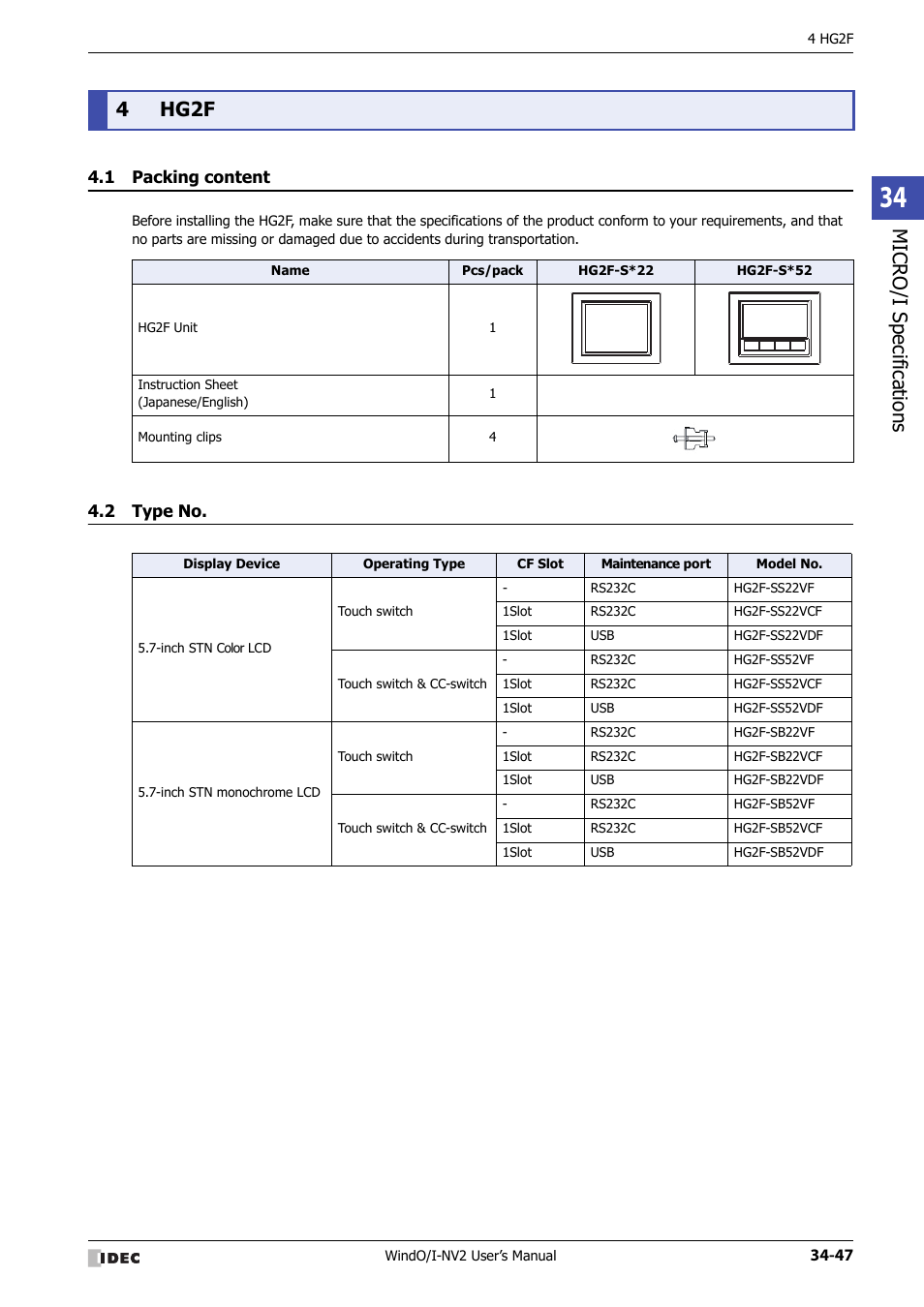 4 hg2f, 1 packing content, 2 type no | Hg2f -47, Packing content -47, Type no -47, Micro/ i specif ication s, 4hg2f | IDEC High Performance Series User Manual | Page 1363 / 1448