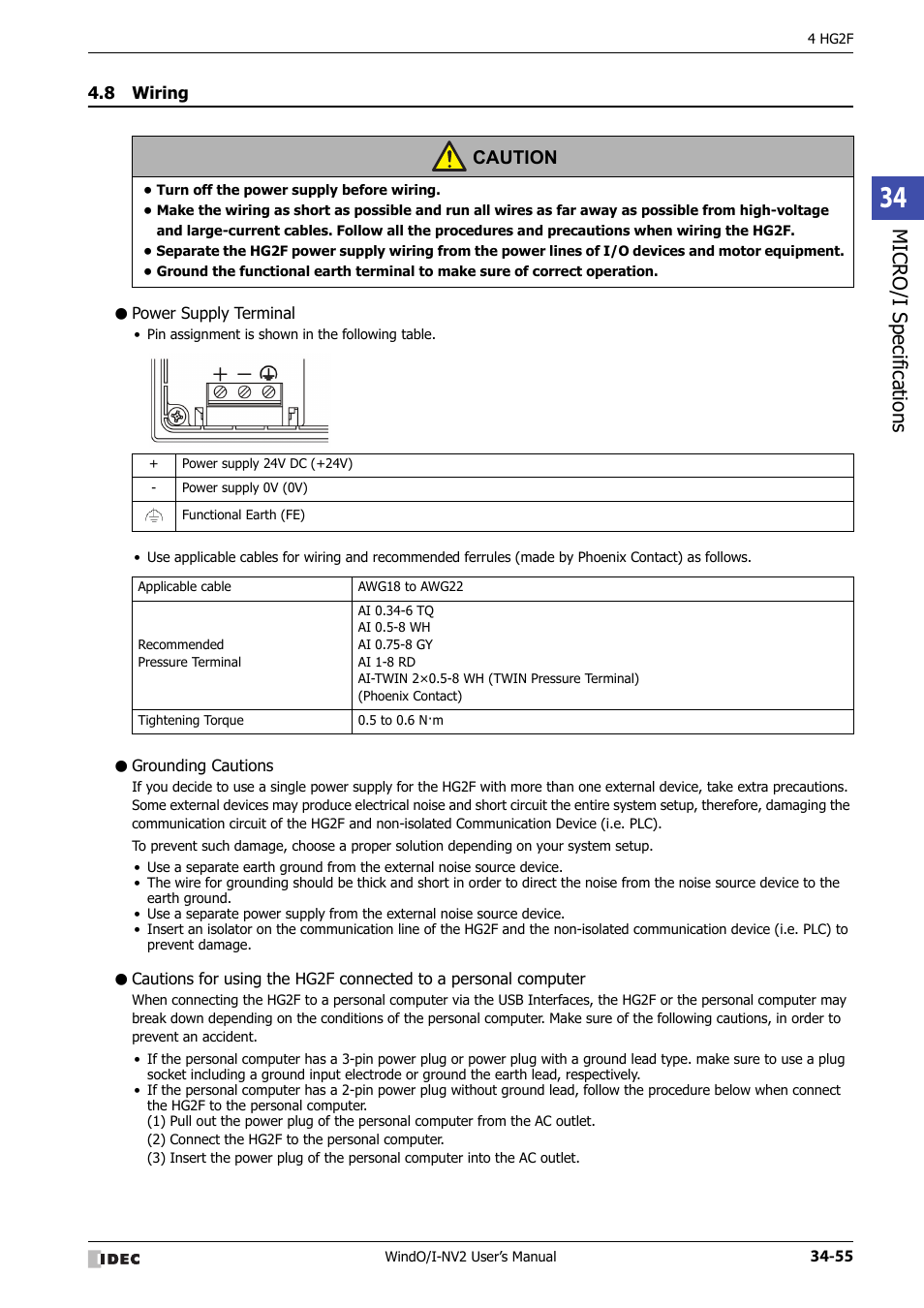 8 wiring, Power supply terminal, Grounding cautions | Wiring -55, Micro/ i specif ication s, Caution | IDEC High Performance Series User Manual | Page 1371 / 1448