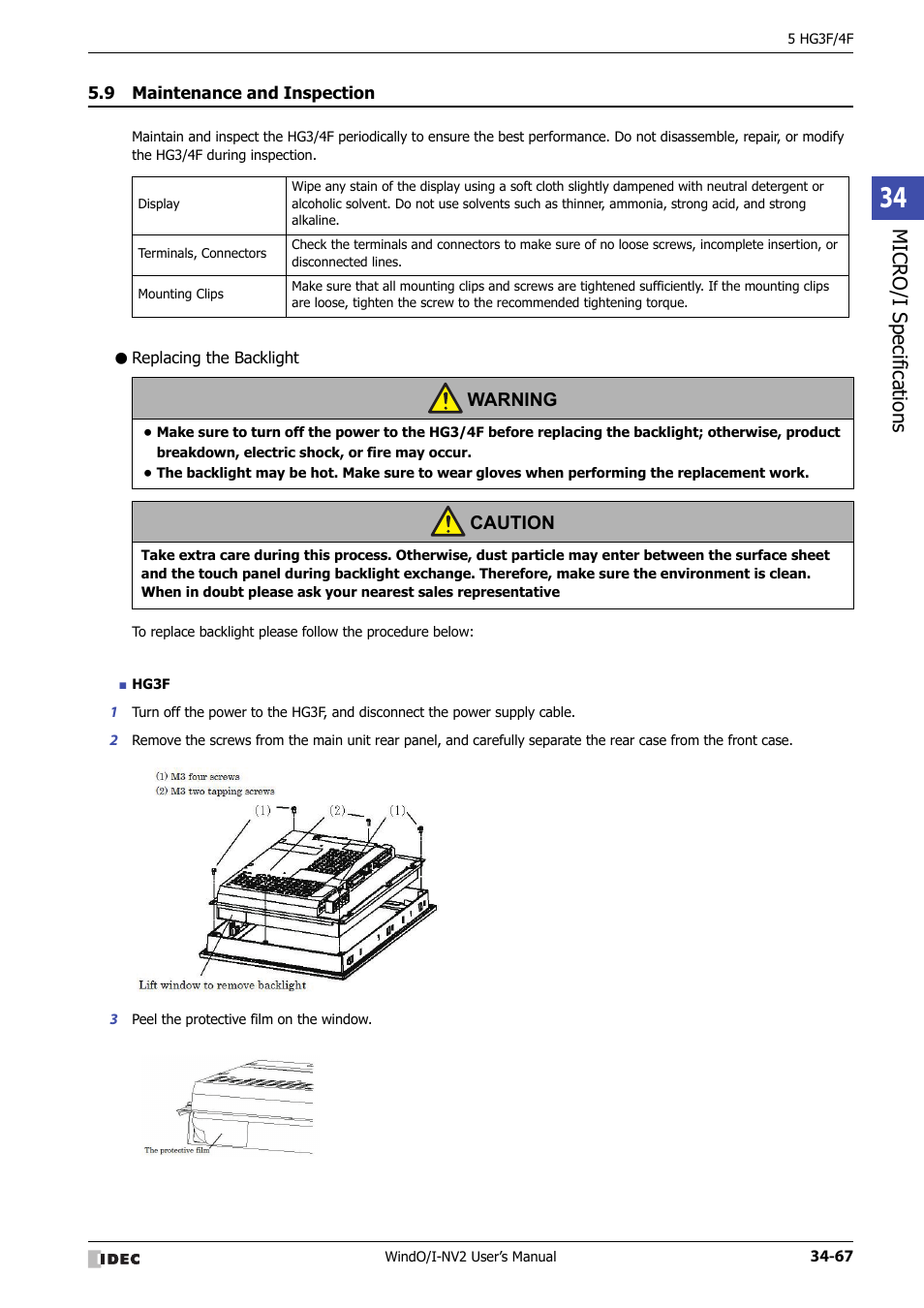 9 maintenance and inspection, Replacing the backlight, Maintenance and inspection -67 | Micro/ i specif ication s | IDEC High Performance Series User Manual | Page 1383 / 1448