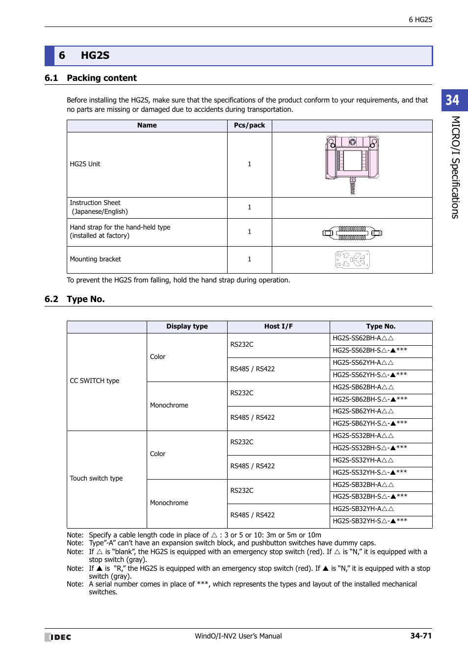 6 hg2s, 1 packing content, 2 type no | Hg2s -71, Packing content -71, Type no -71, Micro/ i specif ication s, 6hg2s | IDEC High Performance Series User Manual | Page 1387 / 1448