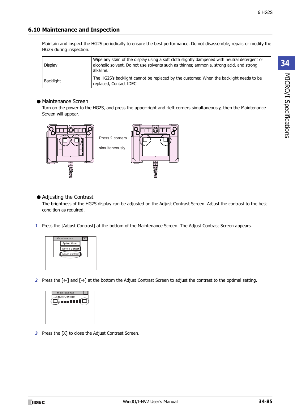 10 maintenance and inspection, Maintenance screen, Adjusting the contrast | Maintenance and inspection -85, Micro/ i specif ication s | IDEC High Performance Series User Manual | Page 1401 / 1448