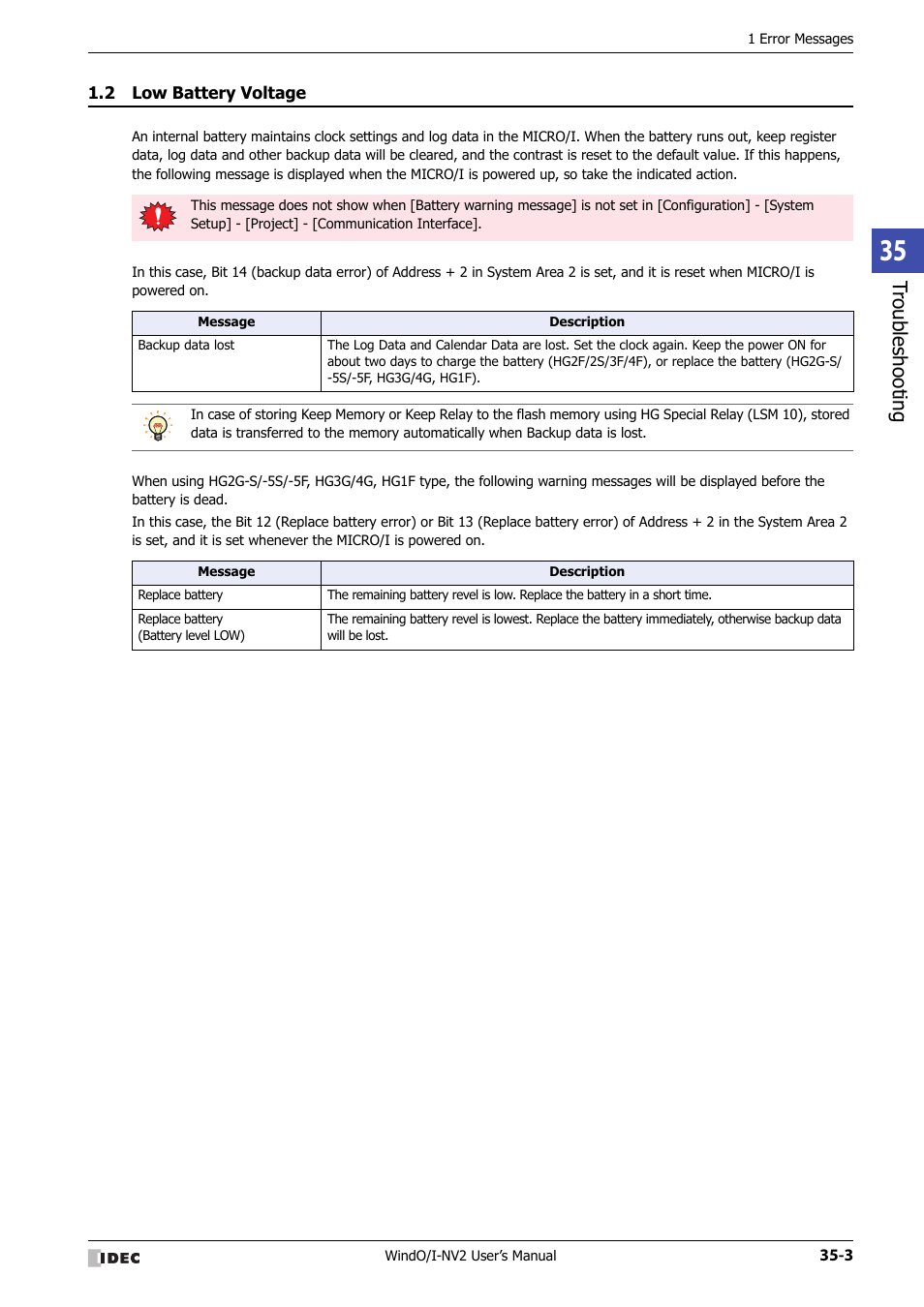 2 low battery voltage, Low battery voltage -3, Tr ou ble sh oo tin g | IDEC High Performance Series User Manual | Page 1411 / 1448