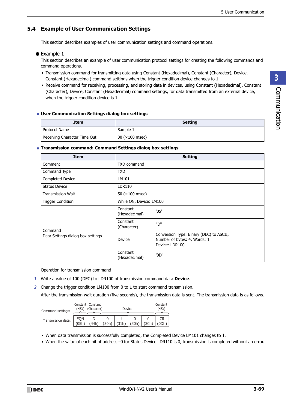 4 example of user communication settings, Example 1, Example of user communication settings -69 | Communic ation | IDEC High Performance Series User Manual | Page 171 / 1448