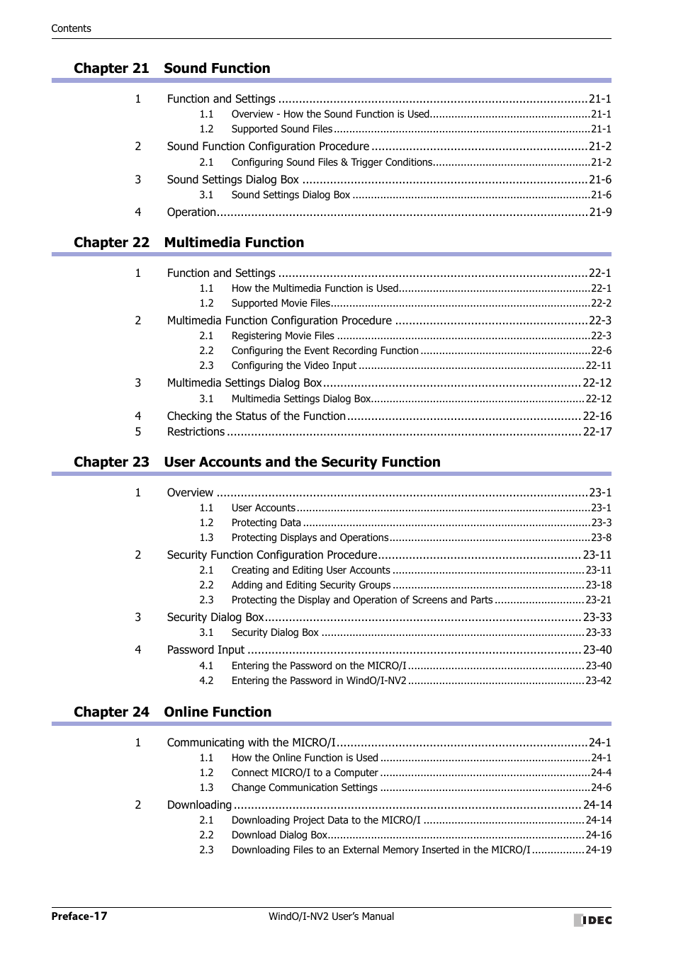 Chapter 21 sound function, Chapter 22 multimedia function, Chapter 23 user accounts and the security function | Chapter 24 online function | IDEC High Performance Series User Manual | Page 18 / 1448