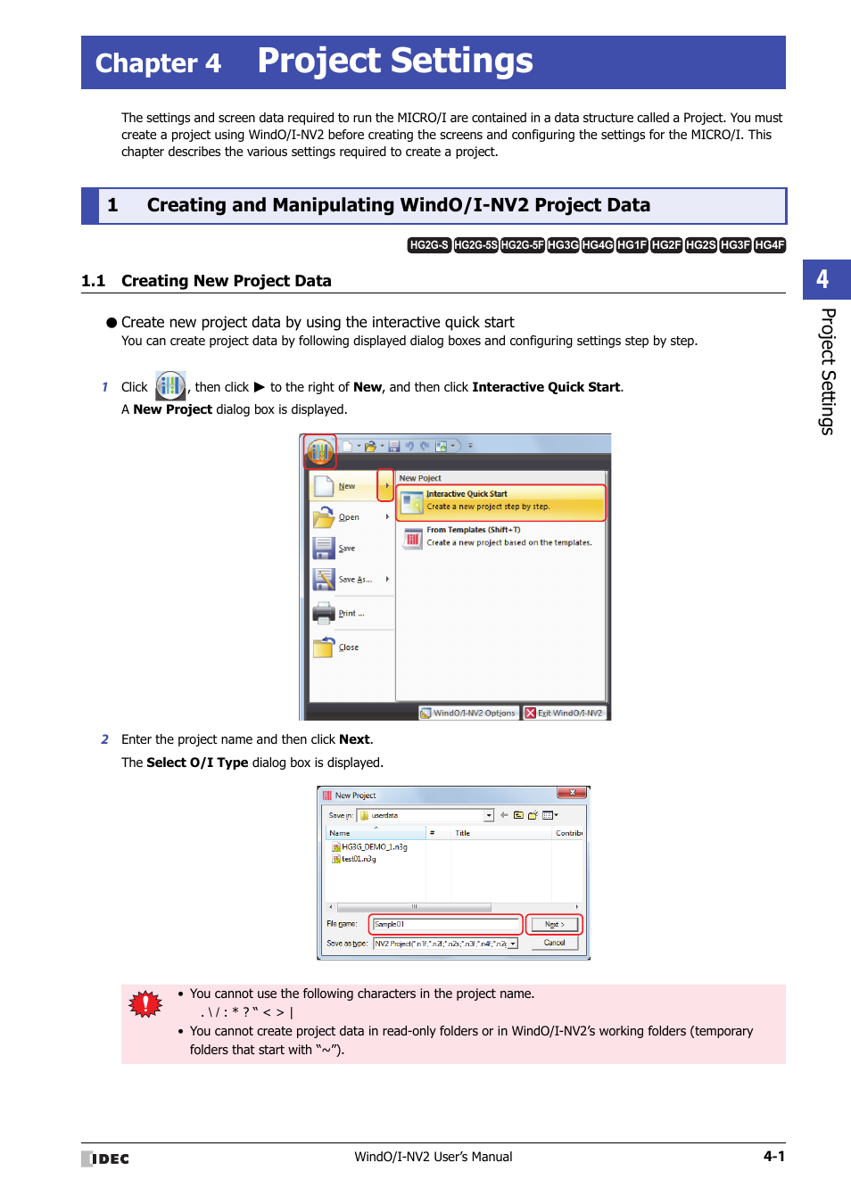 Chapter 4 project settings, 1 creating new project data, Chapter 4 | Project settings, Creating new project data -1 | IDEC High Performance Series User Manual | Page 187 / 1448