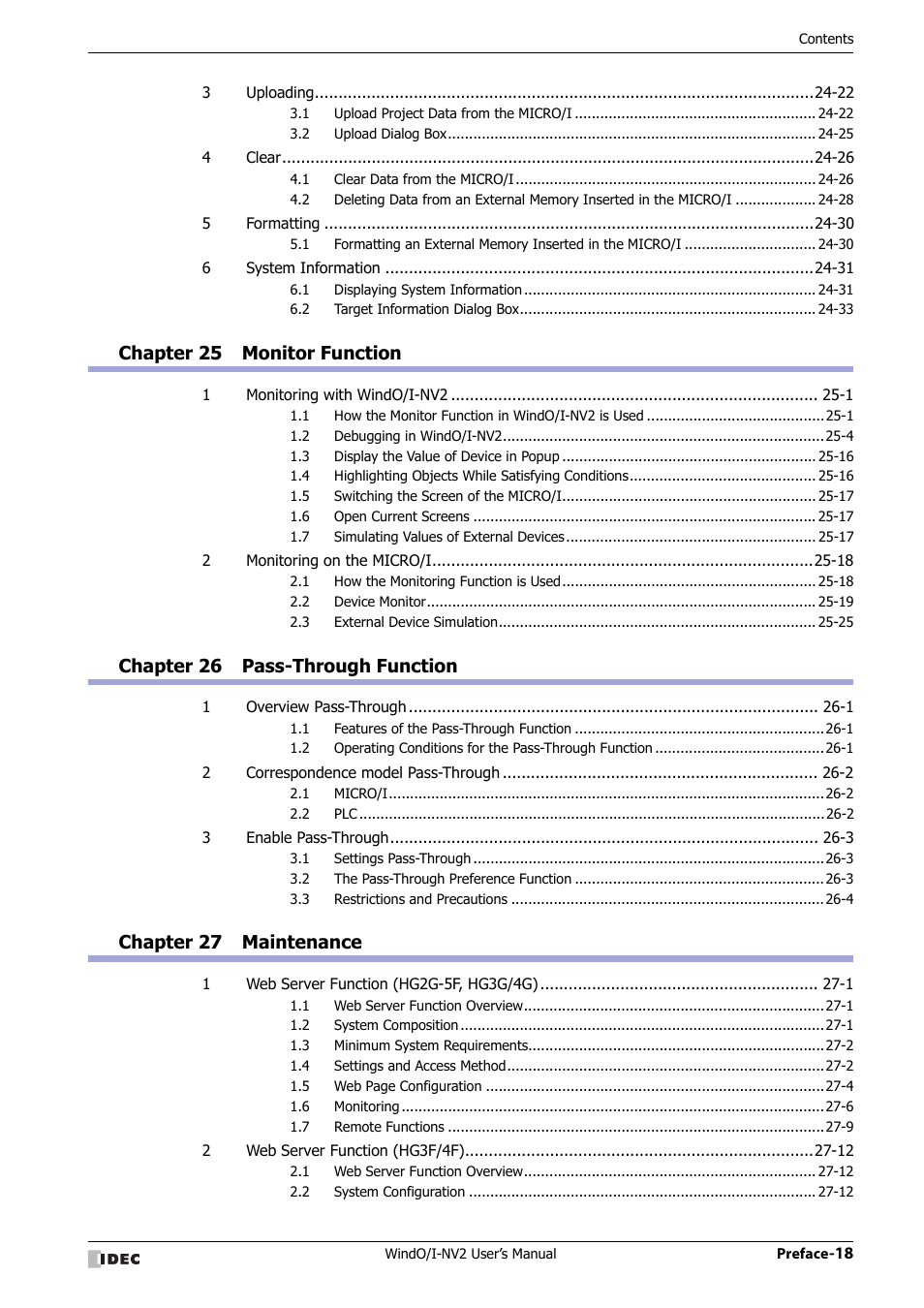 Chapter 25 monitor function, Chapter 26 pass-through function, Chapter 27 maintenance | IDEC High Performance Series User Manual | Page 19 / 1448