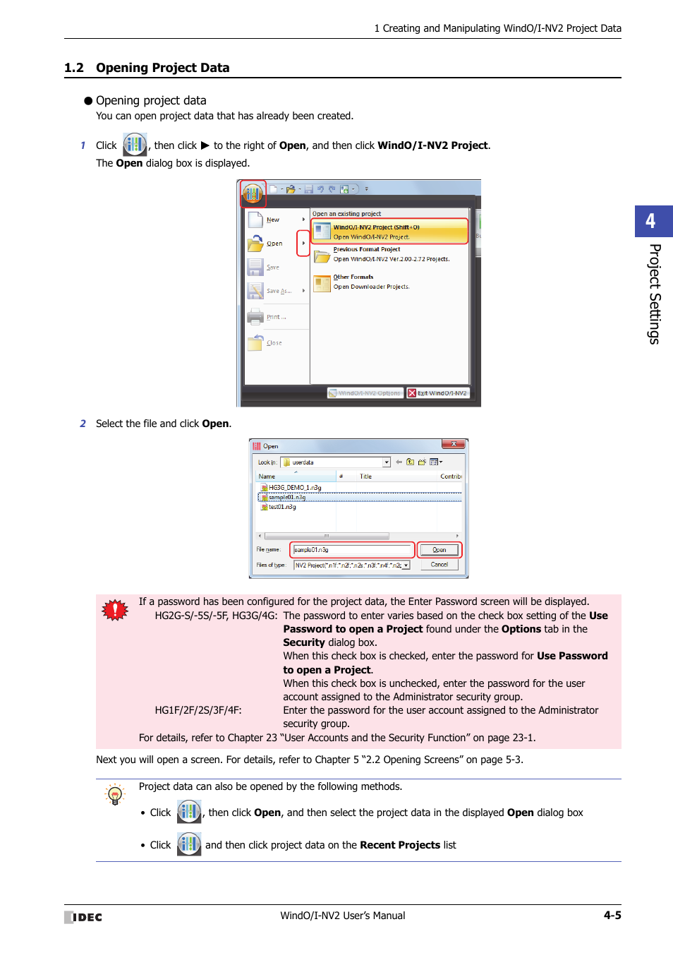 2 opening project data, Opening project data, Opening project data -5 | Project set tings | IDEC High Performance Series User Manual | Page 191 / 1448