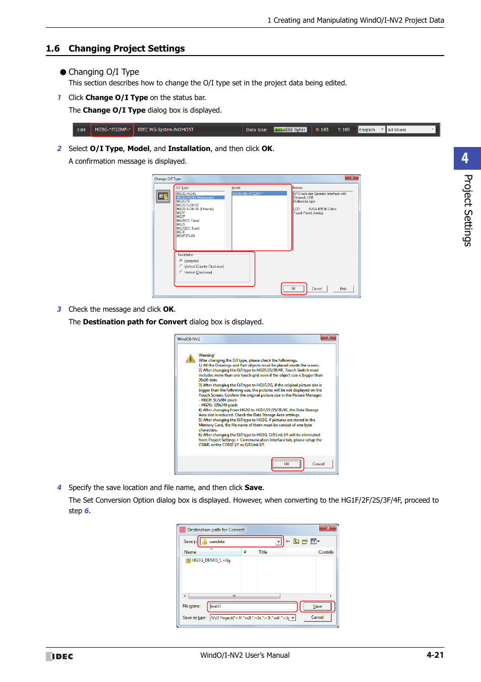 6 changing project settings, Changing o/i type, Changing project settings -21 | Project set tings | IDEC High Performance Series User Manual | Page 207 / 1448