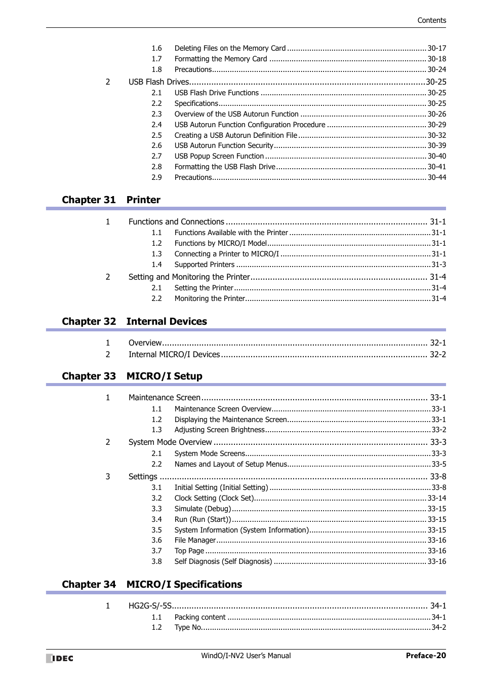 Chapter 31 printer, Chapter 32 internal devices, Chapter 33 micro/i setup | Chapter 34 micro/i specifications | IDEC High Performance Series User Manual | Page 21 / 1448