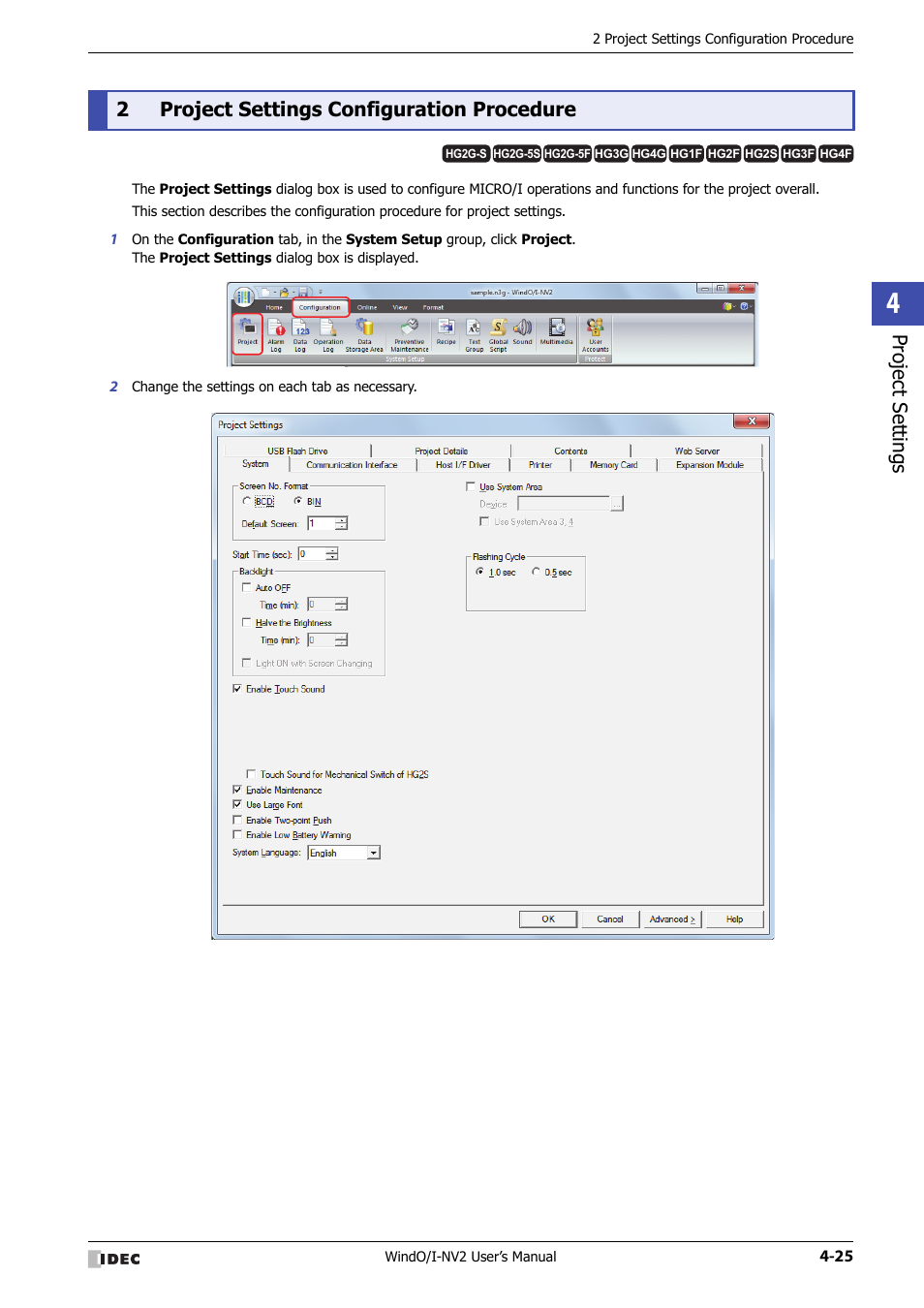 2 project settings configuration procedure, Project settings configuration procedure -25, Project set tings | 2project settings configuration procedure | IDEC High Performance Series User Manual | Page 211 / 1448