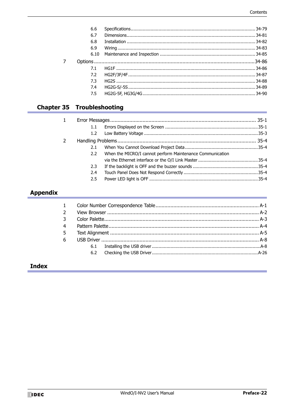 Chapter 35 troubleshooting, Appendix, Index | IDEC High Performance Series User Manual | Page 23 / 1448