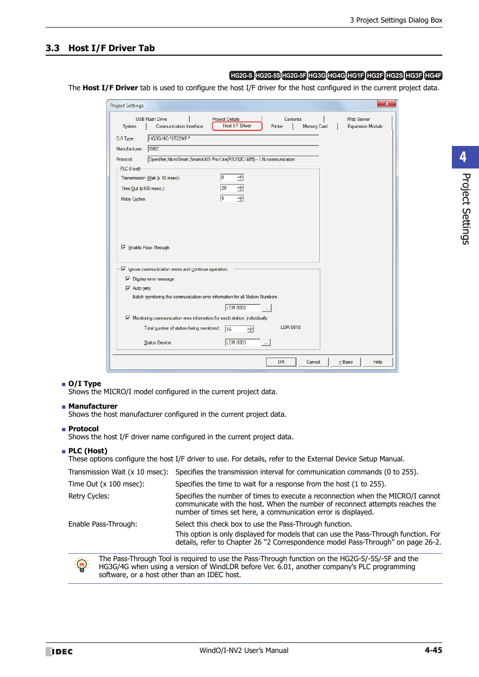 3 host i/f driver tab, Host i/f driver tab -45, Project set tings | IDEC High Performance Series User Manual | Page 231 / 1448