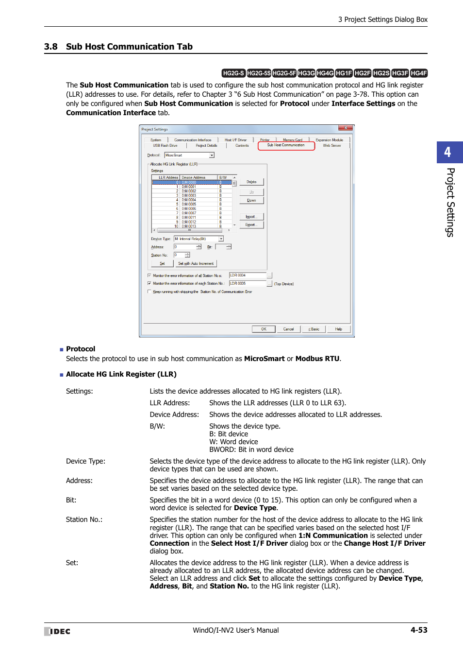 8 sub host communication tab, Sub host communication tab -53, Project set tings | IDEC High Performance Series User Manual | Page 239 / 1448